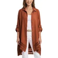 dy_mode Longbluse Damen Oversized Longbluse Musselin Tunika HemdbluseBlusenkleid in Unifarbe, dekorativem Häkel-Saum, Oversize-Passform