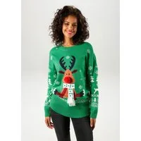 Aniston CASUAL Weihnachtspullover mit Bommel-Nase und Fransenschal