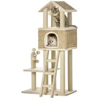 PawHut Kratzbaum Kletterbaum mit Katzenhöhle Spielbälle Spanplatte Plüsch Khaki+Beige, 69L x 40B x 131H cm
