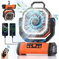 MOPUEA Akku-Standventilator Akku Ventilator mit Haken Fernbedienung Timer &LED Licht für Outdoor, 20000mAh Akku 4 Windstufen Timer LED Licht Schnellladung