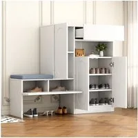 Flieks Schuhschrank Schuhkommode mit gepolsterter Sitzbank (B130/T35/H110 cm, 1-St., mit gepolsterter Sitzfläche) Schuhwechselhocker mit Seitenschrank Schuhbank Schuhregal Weiß