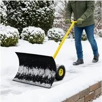 LALAHO Schneeschieber Schneeschaufel mit Rädern & Stiel – Stahlschaufel, 74,00 cm Arbeitsbreite, mit 116,00 cm langem Stiel, verstellbare Schubstange, ergonomisch, für Gehwege & Einfahrten