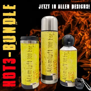 HOT3-BUNDLE Isolierflasche 750 ml + Trinkflasche 600ml + Thermobecher 350ml "Feuerwehrschlauch" gelb