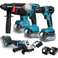 AUDEW Akku-Bohrschrauber 4 in1 Professional Elektrowerkzeug-Set inkl. Bohrhammer, (125mm Winkelschleifer, Akku-Bohrmaschine, Schraubenschlüssel), mit 2 Akkus Set