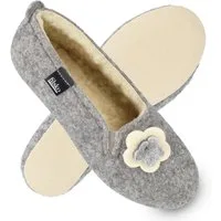 filsko Matka Damen Ballerina Hausschuhe Slipper mit Schafwolle gefüttert, zum Schlupfen, Blumen-/ Knopf-Applikation