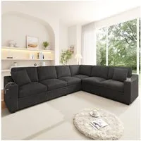 Merax Ecksofa mit USB & Type-C Schnellladeanschluss, L-förmiges Modulsofa Cordstoff, 277 × 215 × 85 cm 1 Teile, 6-Sitzer-Sofa mit 2 Getränkehaltern & 2 Kissen, große Wohnlandschaft