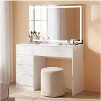 Bellamio Schreibtisch Livny mit 5 Schubladen beidseitig montierbar (mit Schminkspiegel & umlaufenden LED-Strip, weiß), 80x53x110 cm, 3 Farbstufen mit Touch-Sensor