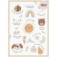 Things of Happiness Poster Affirmationsposter für Kinder DIN A3, Kinderzimmer Wandbild, Sonnenschein & Fröhlichkeit, Poster Affirmation Geschenk zur Geburt, Taufe, Kindergeburtstag