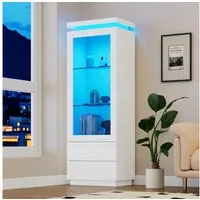 Merax Standvitrine Hochglanz Hochschrank schmal Wohnzimmerschrank mit LED-Beleuchtung (1-St) Vitrine mit Acryl-Glastür, Glasablagen & 2 Schubladen, 60×40×171cm