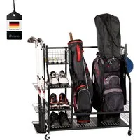 eluno Sportgeräte-Regalwagen passend für 2 Golftaschen, aus schwarzem Stahl, 1-tlg., versetzbare Haken
