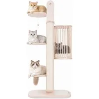 PetRhein Kratzbaum moderner Katzenbaum Skycity aus robustem Massivholz mit Höhle & Ball, 4 Plattformen, Kletterbaum, Katzenmöbel mit Sisal, mit Spielzeug