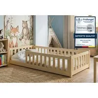 Kids Collective Kinderbett Bodenbett Bett mit Rausfallschutz & Lattenrost Montessori Bett Kinder (Jungen, Mädchen, Kinder, weitere Größen 80x180, 90x190, 90x200, 120x200, 140x200 cm), Jugendbett Gitterbett Einzelbett mit Matratze, Natur 80x160 cm