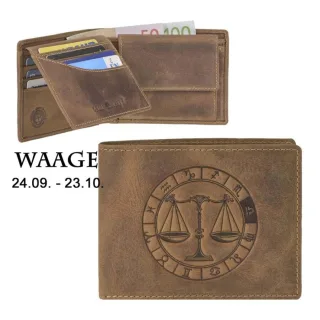 Geldbörse Leder Waage-Prägung antikbraun | Greenburry Vintage Portemonnaie mit Sternzeichen. Harmonischer Organizer mit 7 Kartenfächern.