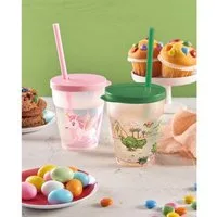 BURI Glas Kinder-Trinkbecher 385ml mit Deckel & Trinkhalm Kindergeburtstag, Kunststoff