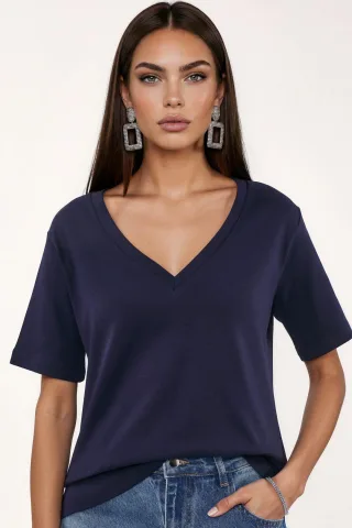 V-Ausschnitt Unifarben Regulär Fit Baumwoll-T-Shirt