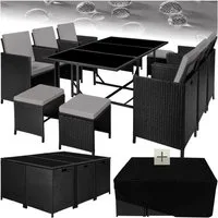 tectake Sitzgruppe Rattan-Gartenlounge für 6 bis 10 Personen, Inkl. Schutzhülle, (Loungeset Malaga, 12-tlg., für Außen in Schwarz/Grau), widerstandsfähig, UV-beständig, mit Sicherheitsglasplatten