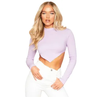 Missy Empire - Kurzes Top für Damen, Hinten geknotet, gerippt, Langärmlig (Flieder)