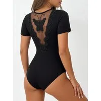 Elegant Love Kurzarmbody Damen Body mit Spitze und Mesh-Einsatz, Bodysuit, Schmetterling-Detail Figurbetonter Spitzenbody mit transparentem Tüll