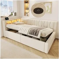 Merax Daybett mit LED-Beleuchtung, Schlafsofa Polsterbett mit hydraulischem Stauraum (1 tlg), Tagesbett 90x200cm mit Seitenregalen und USB-Anschluss, Leinenbezug