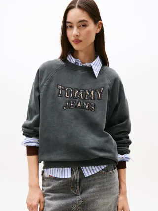 Tommy Jeans - Varsity Boxy Fit Sweatshirt mit Leoparden-Logo grau/schwarz - Gr. - L
