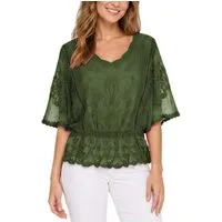 dy_mode Spitzenbluse Damen Sommerbluse mit Spitze Kurzarm Oberteil Einfarbig Transparent in Unifarbe, transparenten Ärmel