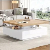 IDEASY Couchtisch 360° drehbar, weiß hochglänzend, multifunktional, 70x70x36 cm, mit 1 Schublade & offenen Fächern, Tragkraft 30 kg, Nussbaum-Design