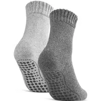 sockenkauf24 ABS-Socken Antirutschsocken warme Stoppersocken mit Wolle Vollfrottee (Grau/Anthrazit, 2-Paar, 47-50) mit Komfortbund für Damen & Herren - 21463