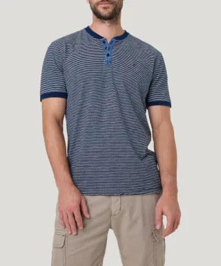 PIONEER - T-Shirt 1/2 Henley indigo striped - Gr. - XXL