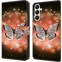CLM-Tech Handytasche für Samsung Galaxy A56 5G Hülle aus PU-Leder Klapphülle (Schmetterling Diamanten Muster, Schutzhülle mit Standfunktion, Kartenfächern), und Magnetverschluss
