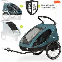 Hauck Fahrradkinderanhänger Dryk Duo - Ocean Green, Fahrradanhänger Buggy für 2 Kinder mit Regen-und Sonnenschutz