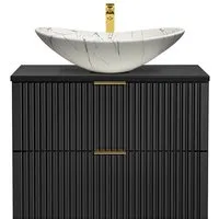 Lomadox Waschtisch ADELAIDE-56-BLACK, schwarz gerillt Keramik-Waschbecken weiß marmoriert 80,6/74,2/46,5 cm