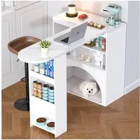 ANYSUN Schreibtisch Bartisch & ausziehbarer Thekentisch mit Haustierbereich, Marmorplatte (2 Pakete enthalten Tischplatte + Untergestell / Ablagen), mit Haustierbereich,Weiß, 120×40×100 cm, ohne Futterteller & Kissen