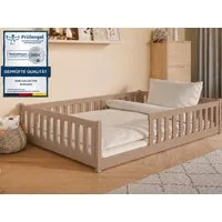 Kids Collective Kinderbett Bodenbett Bett mit Rausfallschutz & Lattenrost Montessori Bett Kinder (weitere Größen 80x160, 80x180, 90x190, 90x200, 120x200 cm), Gitterbett Jugendbett Einzelbett Milchschokolade 140x200 cm