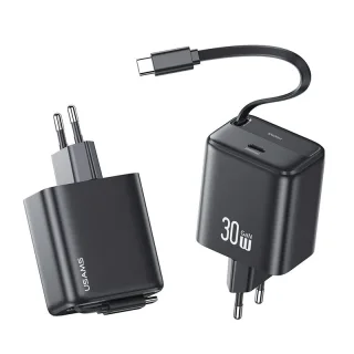 [GaN Tech] USAMS CC241 30W 2-Port USB Charger Built-in Type-C Telescopic Cable PD QC Fast Charging Wall Charger Adapter