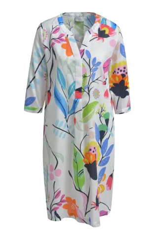 Milano Italy - dress w neckpanel and placket, 3/4 sleeve offwhite print - Gr. - 38