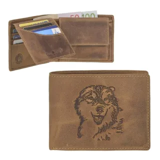 Geldbörse Wolf-Motiv Leder antikbraun Vintage | Greenburry. Querformatiges Portemonnaie mit Natur-Prägung und vielen Fächern für Individualisten.