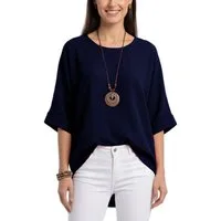 dy_mode Kurzarmbluse Damen Bluse Oversize Tunika Leichte Viskosebluse Oberteil Einfarbig in Unifarbe, High-Low Saum, mit passende Kette