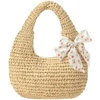 Oemmn Schultertasche Damen Strandtasche aus Stroh, handgefertigte Schultertasche, Boho-Geldbörse,mit Reißverschluss,gewebte Strandtasche