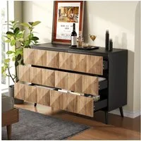 Merax Sideboard mit 6 Schublade, Anrichte in Schwarz & Holzoptik (1 St., 120 L x 40 B x 85 H (cm), Kommode mit erhöhten Fronten,verdeckten Griffen & stabilem Eisenrahmen
