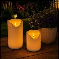 Online-Fuchs LED-Kerze 2 LED Solar Bodenkerzen, aufladbar für draußen - Lampen Outdoor (Creme oder Weiß, realistische Kerzenflamme), 20 und 30 cm hoch, 16 cm im Durchmesser