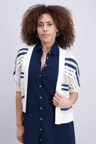 signe nature - Kurzarm Cardigan mit Streifen- und Lochmuster blau - Gr. - M