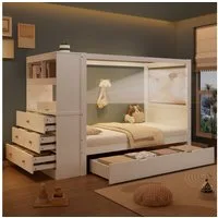 Merax Kinderbett 90x200cm mit Gitter und Lagerschrank (1-tlg., Einzelbett), Massivholz Jugendbett Hausbett mit 5 Schubladen & Unterbett-Schublade