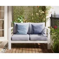 MeXo Loungesofa Gartensofa für Balkon 2 Sitzer Aluminium outdoor wetterfest, weiß, harmonieren mit Licht bei Nacht, Passt zum skandinavischen, mediterranen oder minimalistischen Stil, 12cm Deluxe Relax-Sitzkissen, 128×65×66cm, lounge sofa draußen Alu