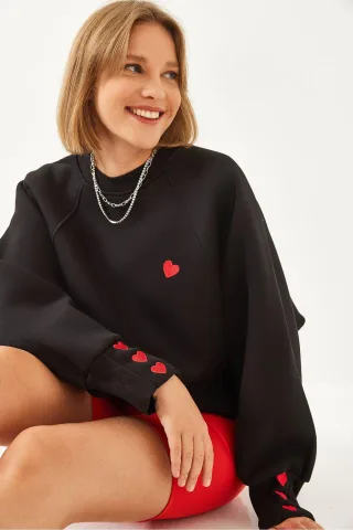 Bestickter Rundhalsausschnitt Langarm-Sweatshirt