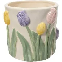 Decoris season decorations Blumentopf, Blumentopf / Übertopf mit Tulpenmotiv 10,8x10cm Keramik Weiß