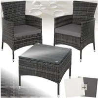 tectake Sitzgruppe Rattan Gartenset für 2 Personen, 2 Bezugssets, (Loungeset Luzern, 5-tlg., für Außen in Grau), widerstandsfähig, UV-beständig, mit Sicherheitsglasplatte