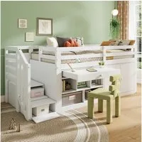 Flieks Hochbett Massivholz Kinderbett mit Schrank, Treppe und Leiter 90x200cm