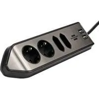 estilo Eck-Steckdosenleiste 4-fach schwarz/edelstahl, 2 Meter, 2x USB