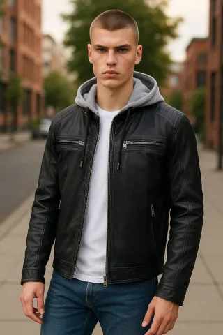 Blaue Bikerjacke aus Lammleder mit Kapuze für Herren – Kingston