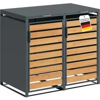 STEELSØN Mülltonnenbox Kestra 240L aus verzinktem Stahl (Anthrazit/Holz, verfügbar mit 1, 2, 3, 4, oder 5 Türen), für 2 Tonnen, mit Sichtstreifen Holzoptik